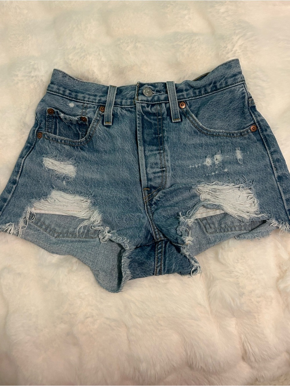 Levi's Distressed Light Blue High-Rise Jean Shorts